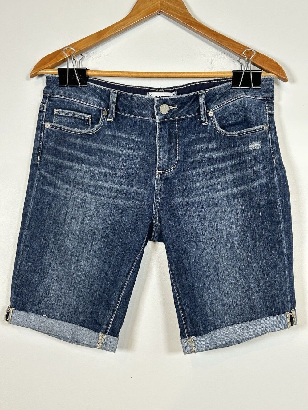 PAIGE Jax Knee Shorts Womens 28 Dark Wash Denim Bermuda Mid Rise Cuffed Stretch